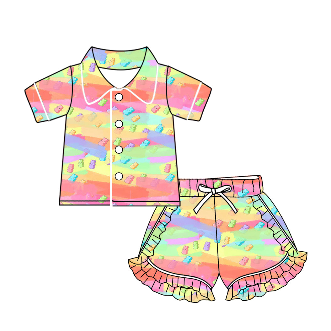 (Custom Design Preorder MOQ 5) Colorful Bunny Print Girls Easter Pajamas Clothes Set