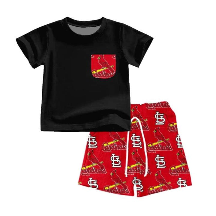 (Custom Design Preorder MOQ 5)  Black Pocket Top Team's Red Bird Shorts Boys Summer Clothes Set