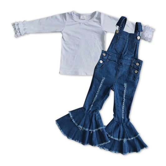 GLP1032 White Cotton Long Sleeve Top Suspender Denim Overall Flare Bell Jumpsuit Girls Clothes Set