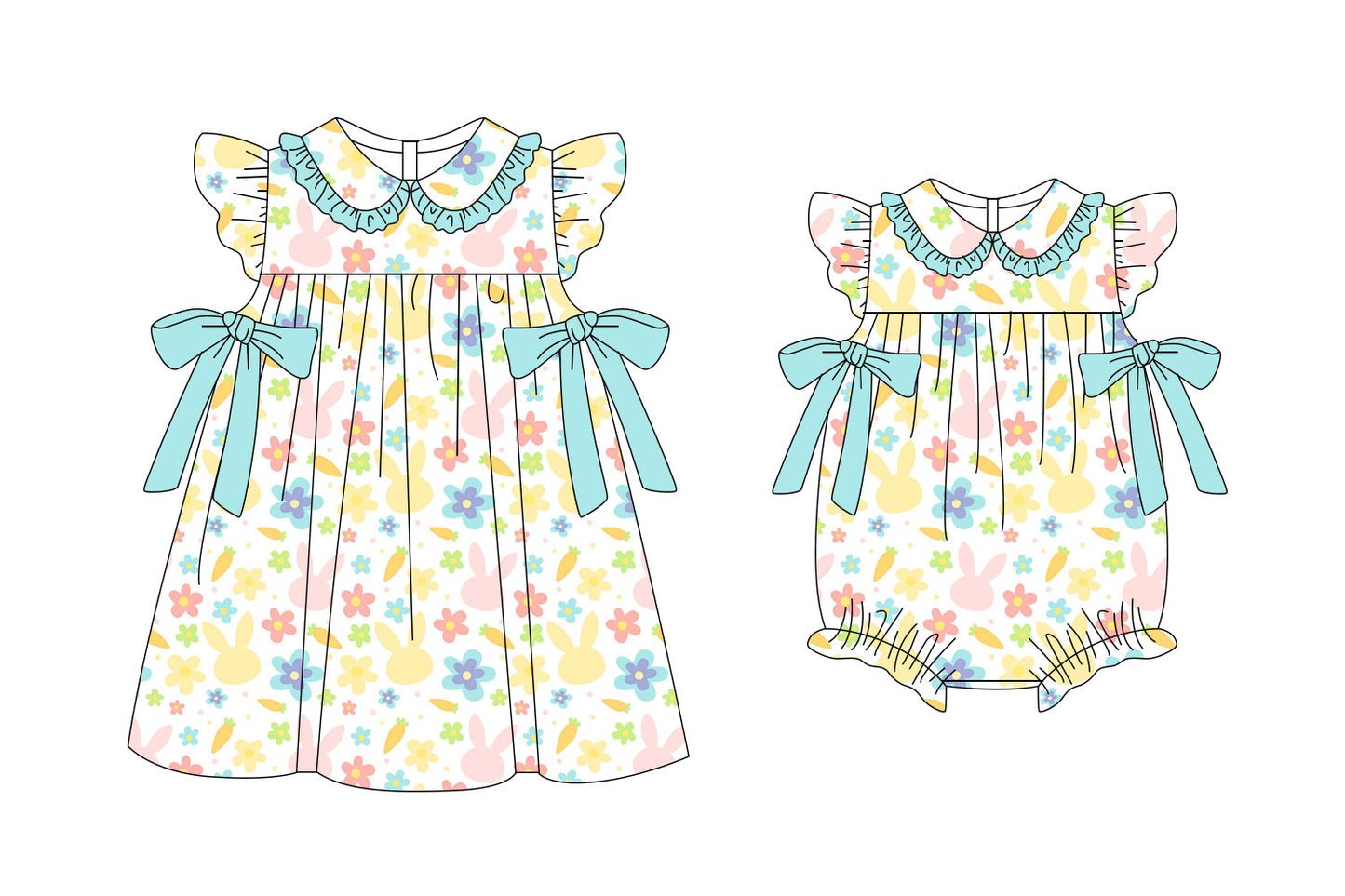 11.6(Custom Design Preorder MOQ 5 Each Design) Colorful Bunny Flowers Print Girls Easter Matching Clothes Sisters Wear