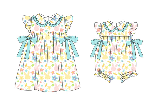 11.6(Custom Design Preorder MOQ 5 Each Design) Colorful Bunny Flowers Print Girls Easter Matching Clothes Sisters Wear