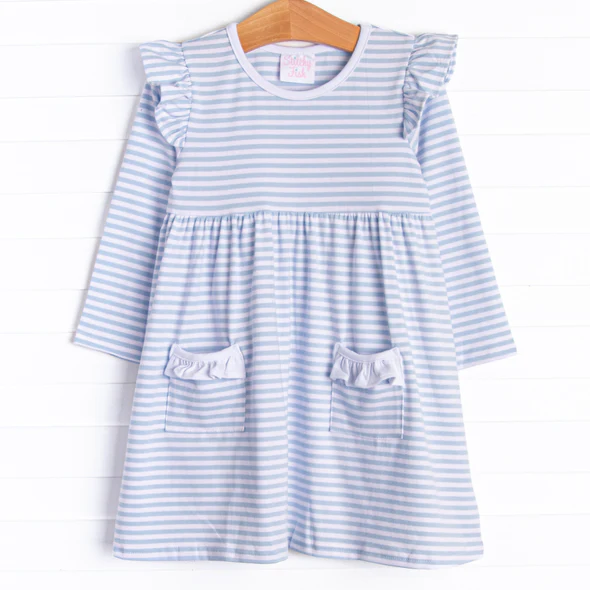 (Custom Design Preorder MOQ 5 ) Blue Stripes Print Pockets Girls Fall Knee Length Dress