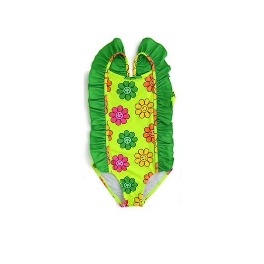 (Custom Design Preorder MOQ 5)  Green Flowers Smiling Print Girls 1 Piece Swimsuits