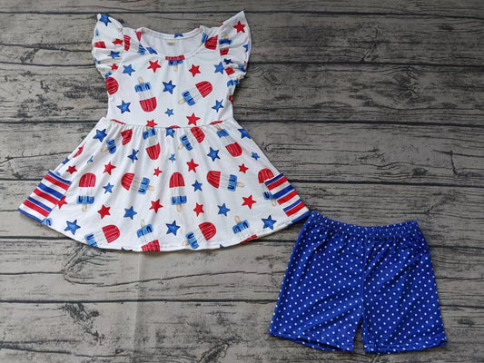 (Custom Design Preorder MOQ 5) Popsicle Stars Top Dots Shorts Girls 4th of July Clothes Set