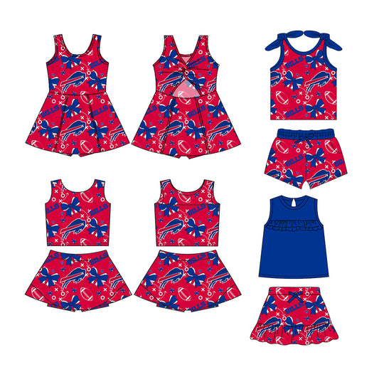 (Custom Design Preorder MOQ 5 Each Design) Team's BILLS Bows Print Girls Summer Matching Clothes Sisters Wear