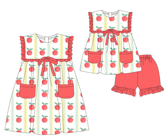3.5(Custom Design Preorder MOQ 5 Each Design) Apple Bows Print Pockets Girls Back to School Matching Clothes Sisters Wear