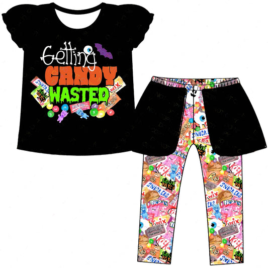 (Custom Design Preorder MOQ 5) Candy Print Girls Halloween Clothes Set