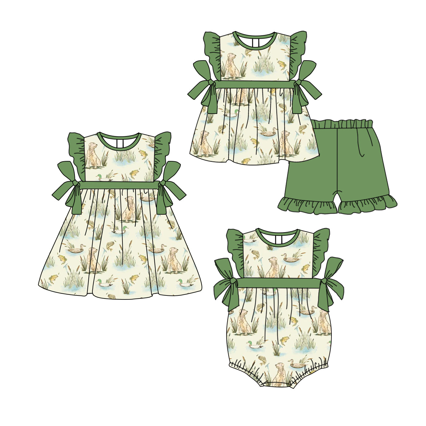 2.24(Custom Design Preorder MOQ 5 Each Design) Duck Dog Green Print Girls Summer Matching Clothes Sisters Wear