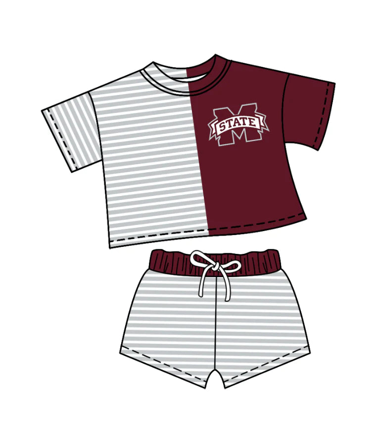 (Custom Design Preorder MOQ 5)  Team's Mississippi State Stripes Print Shorts Kids Summer Clothes Set