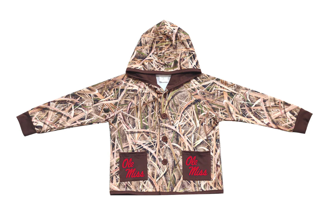 (Custom Design Preorder MOQ 5 Each Item) Team's Ole Miss Grasses Camo Print Pockets Buttons Kids Fall Hoodie Jackets Top Mom and Me Matching Clothes