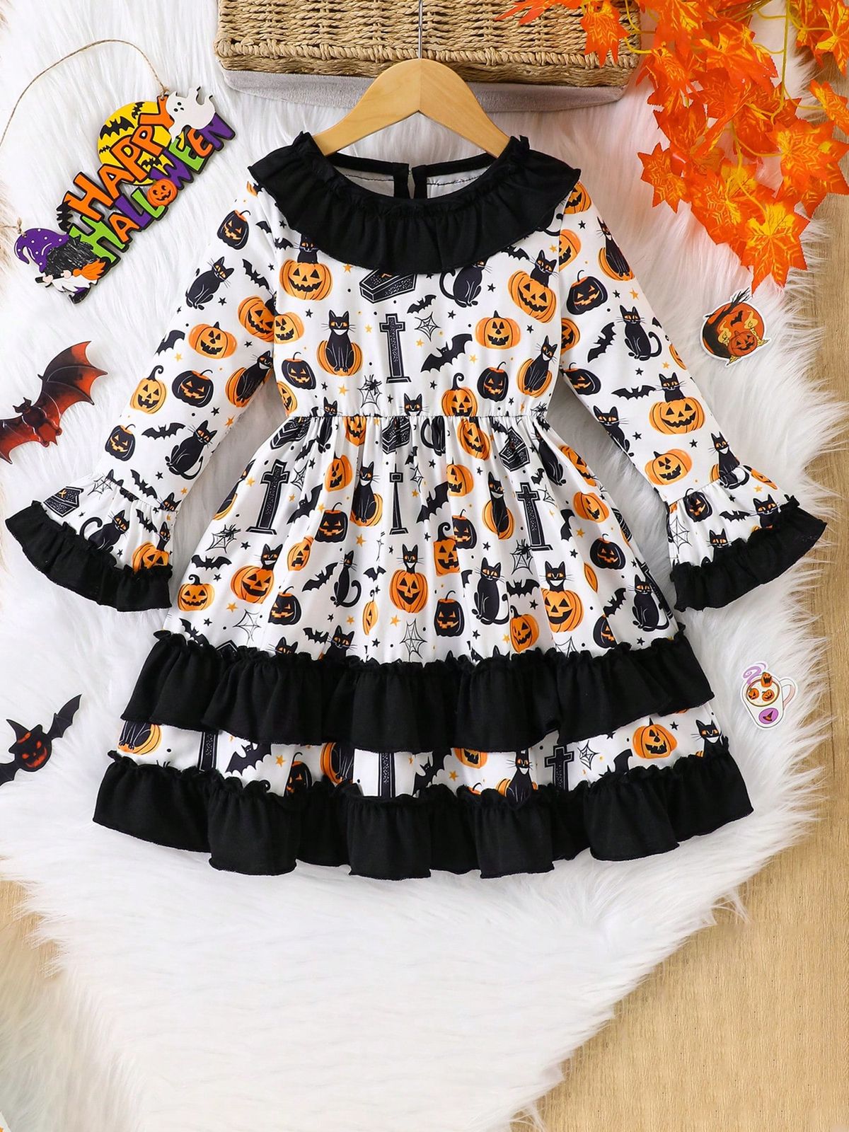 (Custom Design Preorder MOQ 5 ) Pumpkin Cat Bat Print Girls Halloween Knee Length Dress
