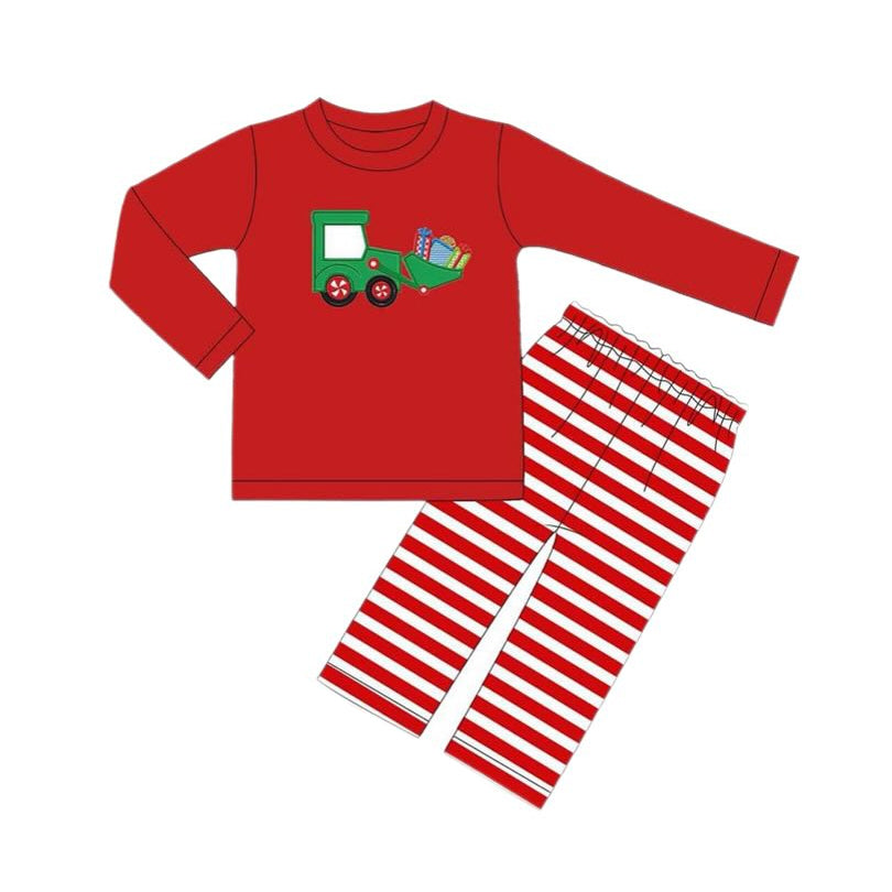 (Custom Design Preorder MOQ 5) Tractors Red Top Stripes Pants Girls Christmas Clothes Set