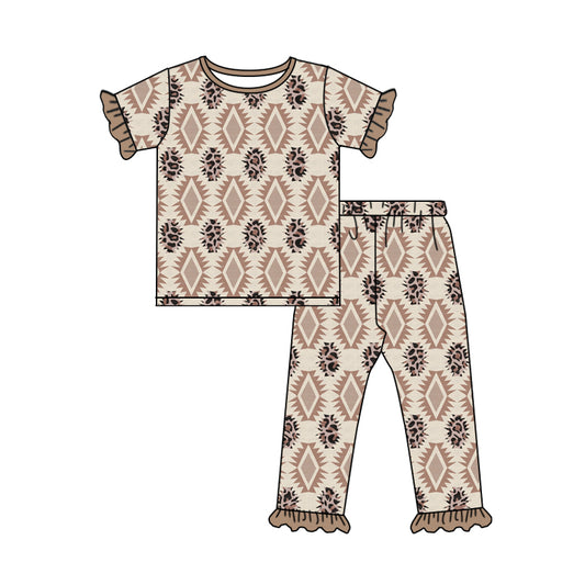 (Custom Design Preorder MOQ 5) Leopard Aztec Print Girls Western Pajamas Clothes Set