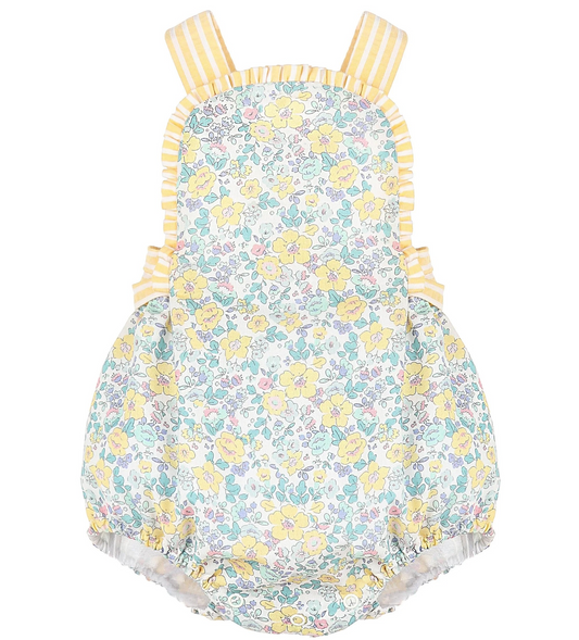 (Custom Design Preorder MOQ 5) Yellow Flowers Print Baby Girls Summer Bubble Romper