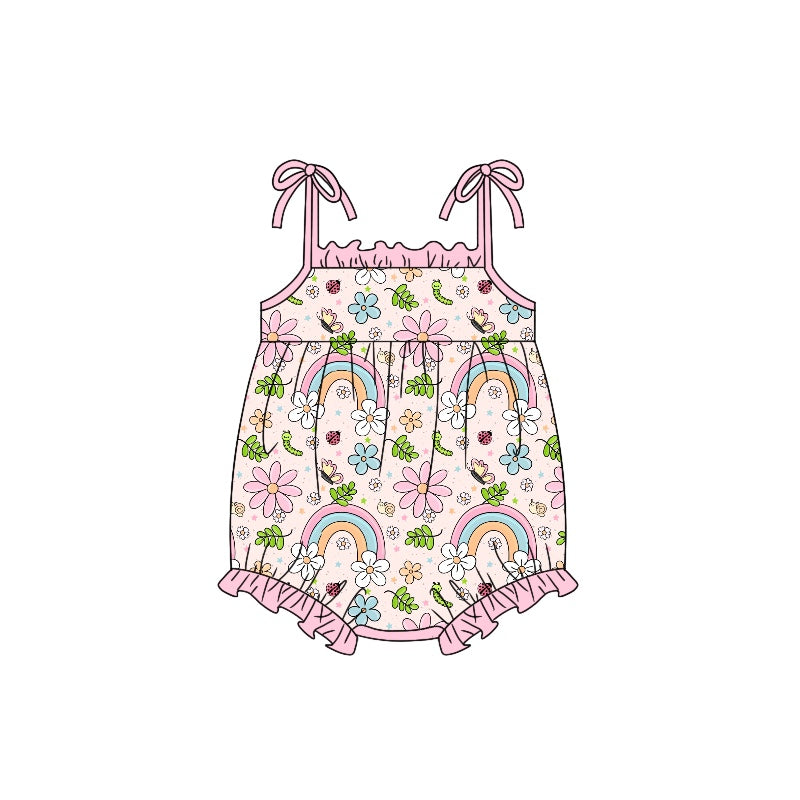 (Custom Design Preorder MOQ 5) Pink Flowers Rainbow Print Baby Girls Summer Romper