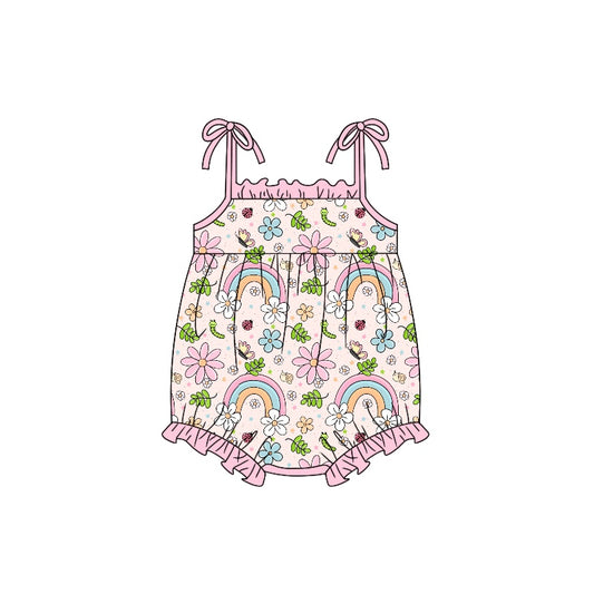 (Custom Design Preorder MOQ 5) Pink Flowers Rainbow Print Baby Girls Summer Romper