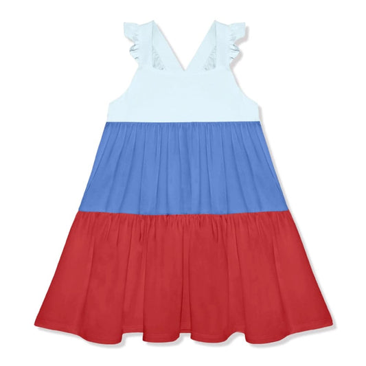 (Custom Design Preorder MOQ 5 Each Design)  Blue Red Color Girls 4th of July Knee Length Dress