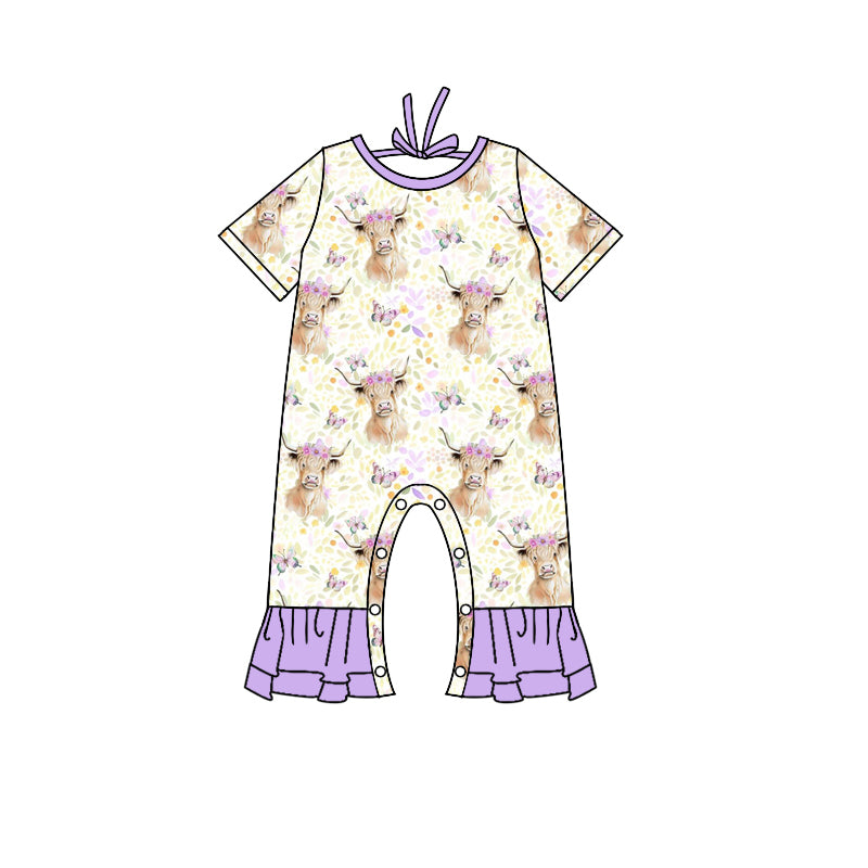 (Custom Design Preorder MOQ 5) Highland Cow Flowers Print Baby Girls Romper