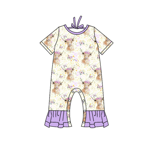 (Custom Design Preorder MOQ 5) Highland Cow Flowers Print Baby Girls Romper