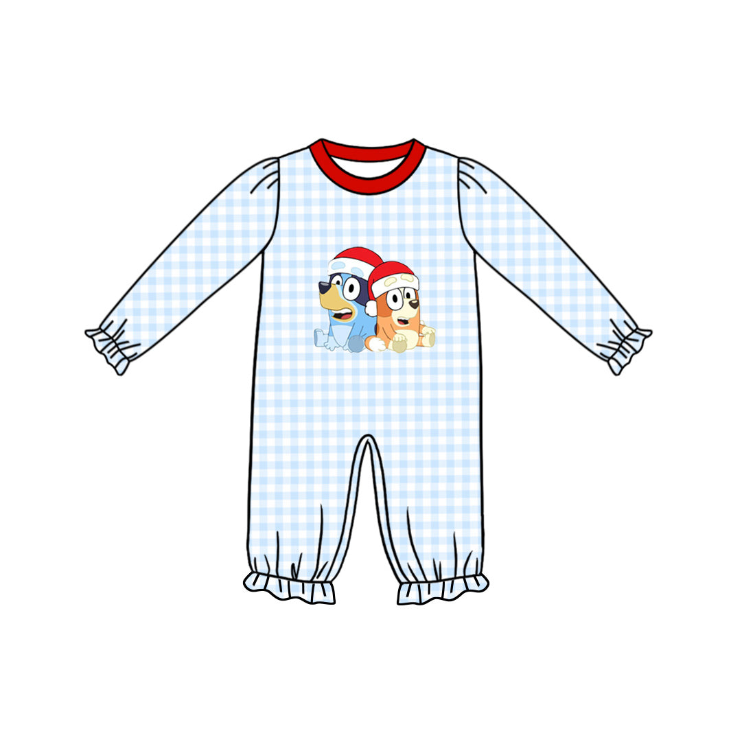 (Custom Design Preorder MOQ 5) Cartoon Dog Plaid Print Baby Girls Christmas Romper