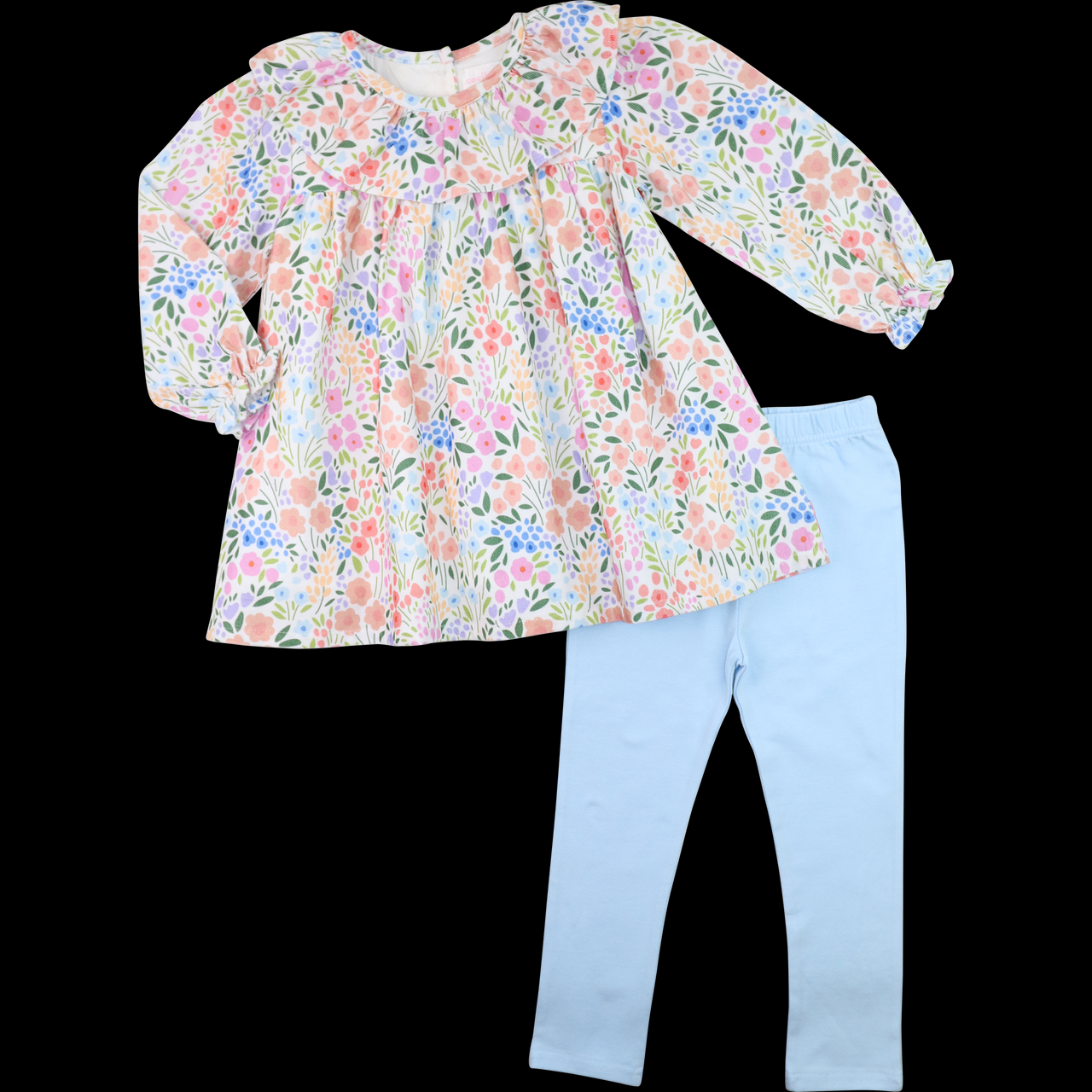 (Custom Design Preorder MOQ 5) Colorful Flowers Tunic Top Blue Pants Girls Spring Clothes Set
