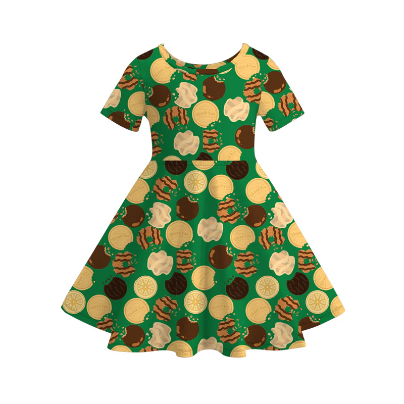 (Custom Design Preorder MOQ 5) Cookies Green Print Girls Knee Length Summer Dress