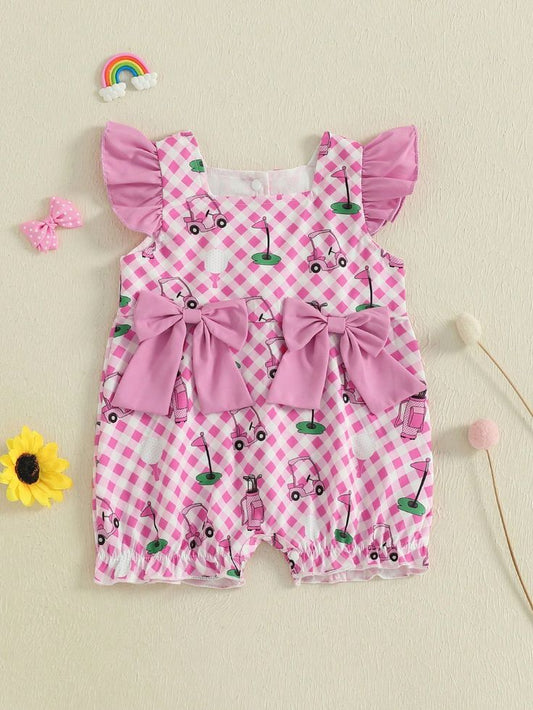 (Custom Design Preorder MOQ 5) Golf Pink Plaid Print Baby Girls Summer Romper