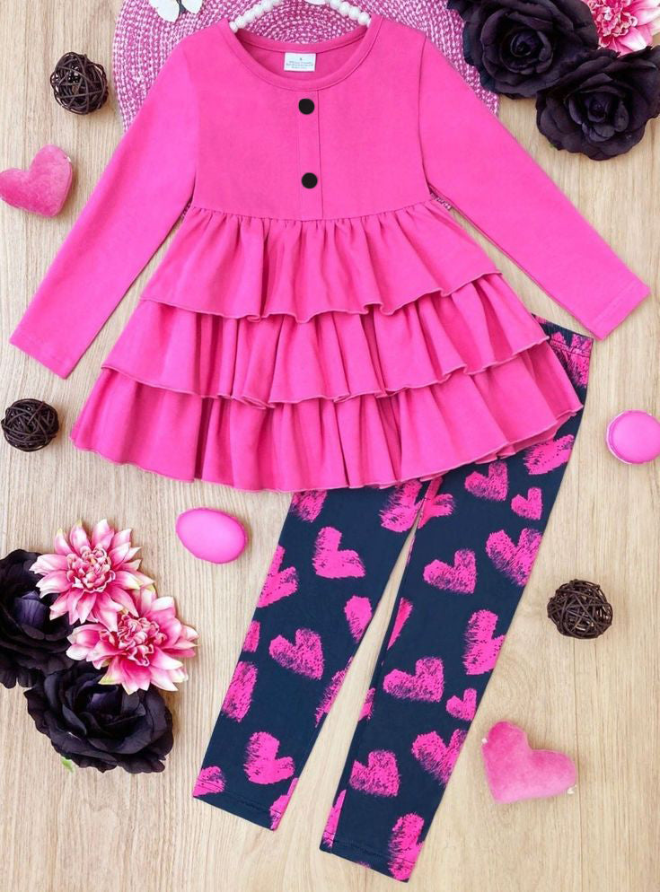 (Custom Design Preorder MOQ 5) Hotpink Tunic Top Heart Legging Pants Girls Valentine's Day Clothes Set