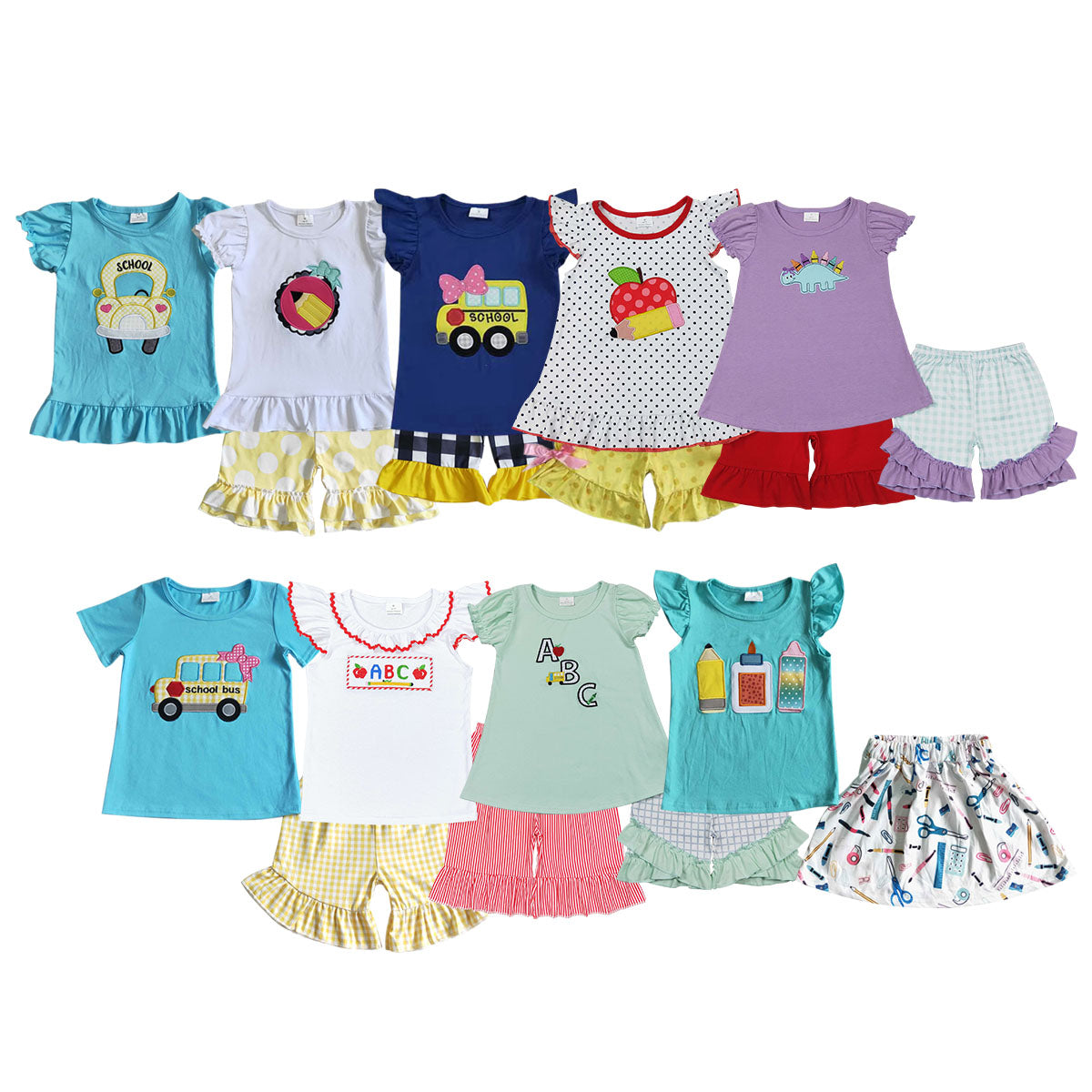9 Design Embroidery Girls Back to School Summer Outfits Sisters Wear