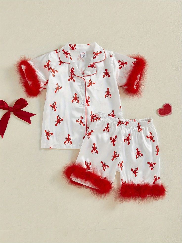 (Custom Design Preorder MOQ 5) Crayfish Print Girls Summer Buttons Fur Pajamas Clothes Set