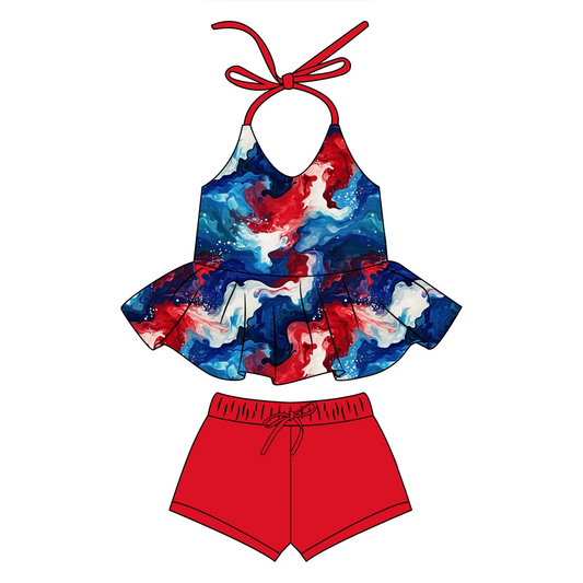 (Custom Design Preorder MOQ 5)  Tie-dye Print Girls 4th of July Clothes Set