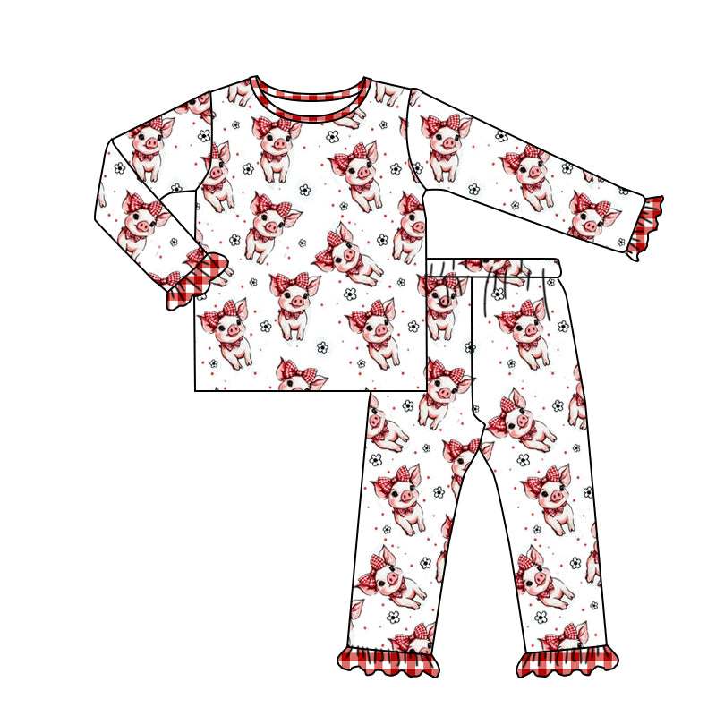 (Custom Design Preorder MOQ 5 Each Design) Pig Flowers Print Girls Pajamas Matching Clothes Sisters Wear