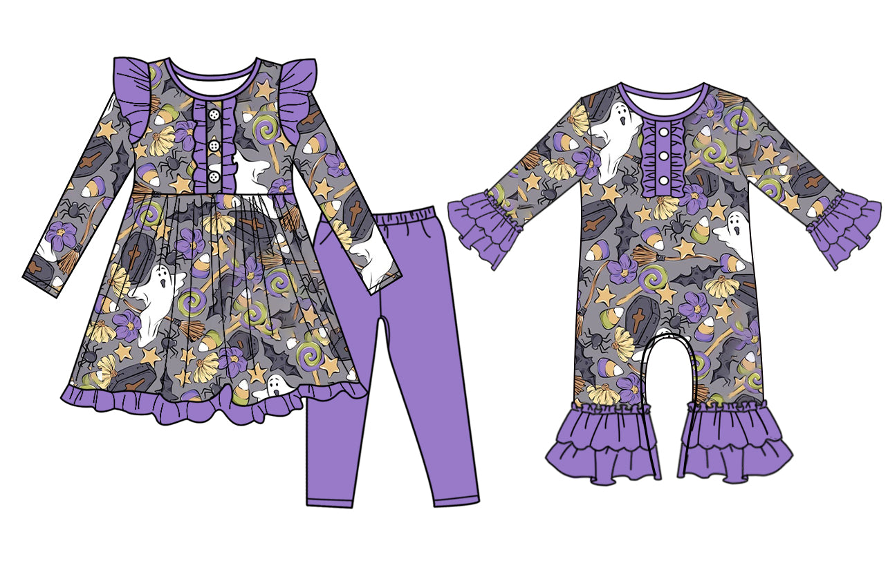 7.10(Custom Design Preorder MOQ 5 Each Design) Spooky Candy Print Girls Halloween Matching Clothes Sisters Wear