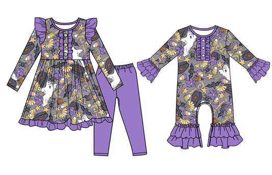 7.10(Custom Design Preorder MOQ 5 Each Design) Spooky Candy Print Girls Halloween Matching Clothes Sisters Wear