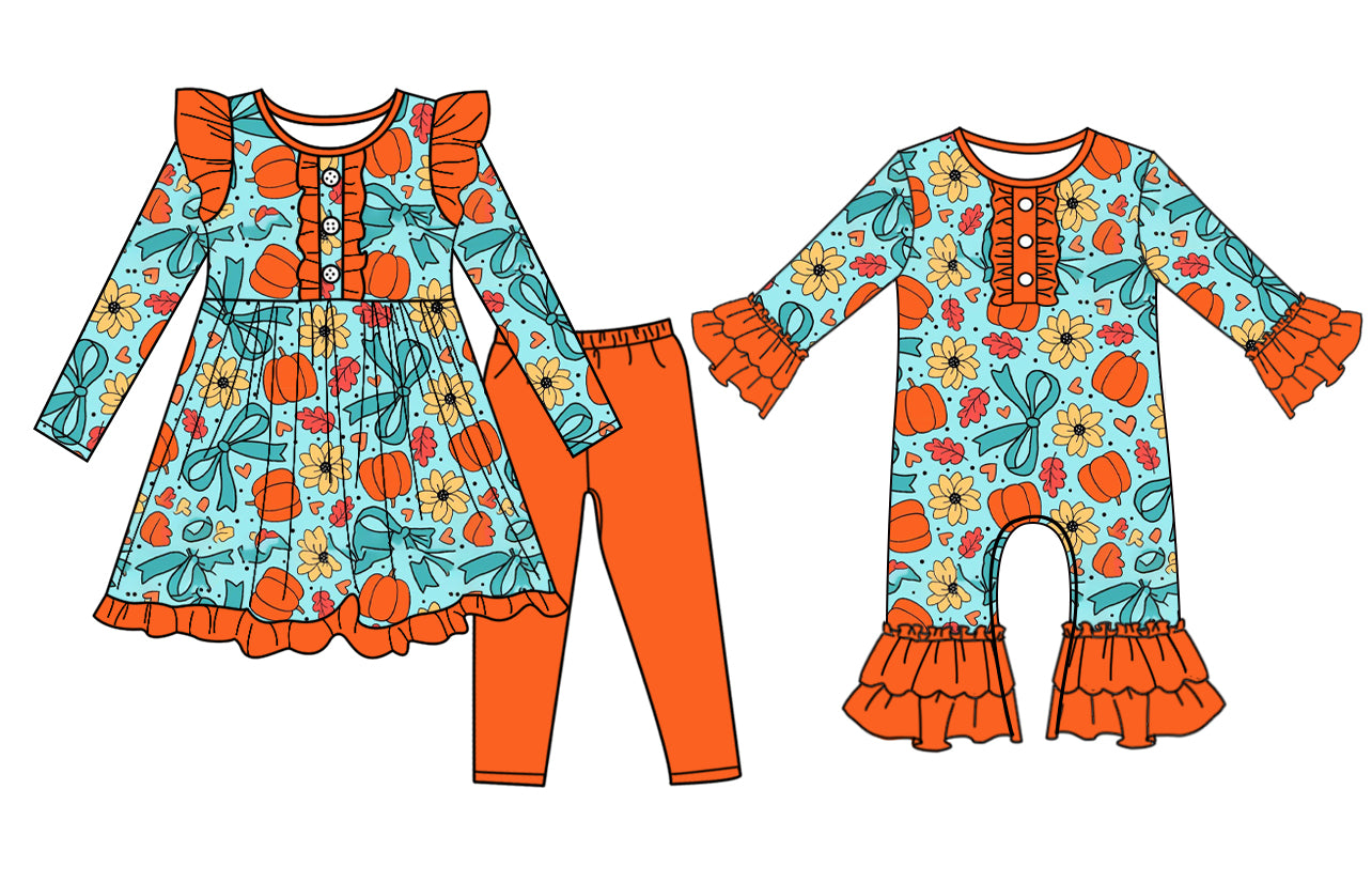 7.9(Custom Design Preorder MOQ 5 Each Design) Pumpkin Bows Flowers Print Girls Fall Matching Clothes Sisters Wear