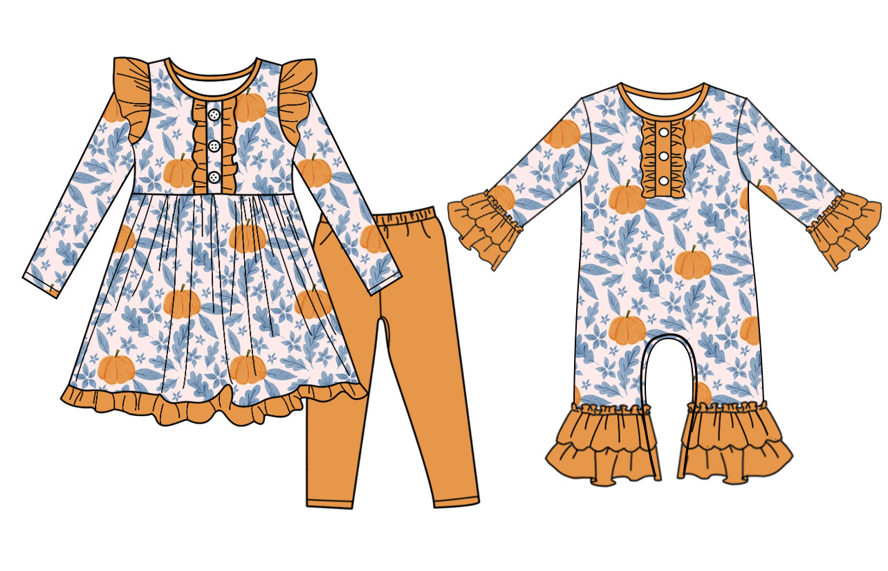7.10(Custom Design Preorder MOQ 5 Each Design) Pumpkin Flowers Print Girls Fall Matching Clothes Sisters Wear