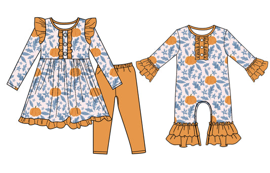 7.10(Custom Design Preorder MOQ 5 Each Design) Pumpkin Flowers Print Girls Fall Matching Clothes Sisters Wear