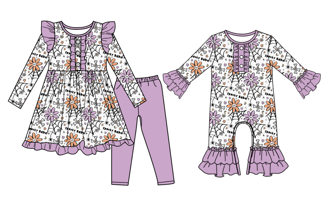 7.9(Custom Design Preorder MOQ 5 Each Design) Web Flowers Print Girls Halloween Matching Clothes Sisters Wear