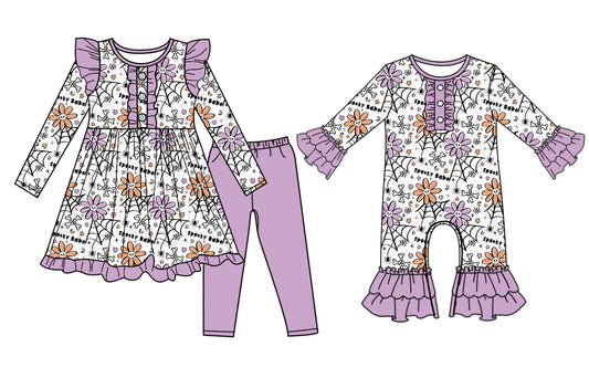 7.9(Custom Design Preorder MOQ 5 Each Design) Web Flowers Print Girls Halloween Matching Clothes Sisters Wear
