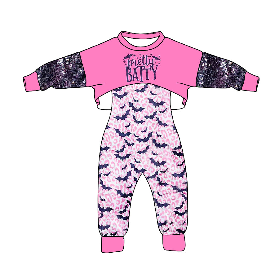 (Custom Design MOQ 5) Pretty Batty Pink Top Pink Leopard Bat Jumpsuit Girls Halloween Clothes Set