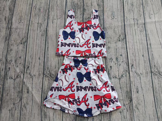 (Custom Design Preorder MOQ 5) Team's BRAVES Baseball Bows Print Shorts Skirts Girls Summer Yoga Clothes Set