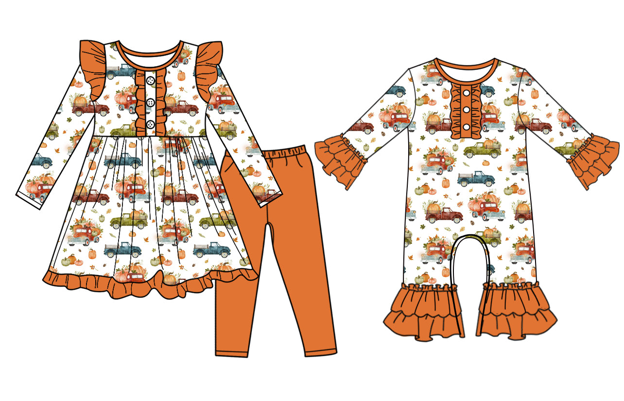 7.10(Custom Design Preorder MOQ 5 Each Design) Pumpkin Trucks Print Girls Fall Matching Clothes Sisters Wear