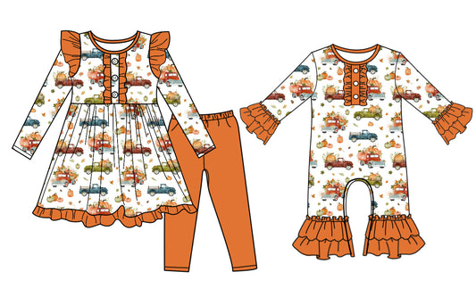 7.10(Custom Design Preorder MOQ 5 Each Design) Pumpkin Trucks Print Girls Fall Matching Clothes Sisters Wear