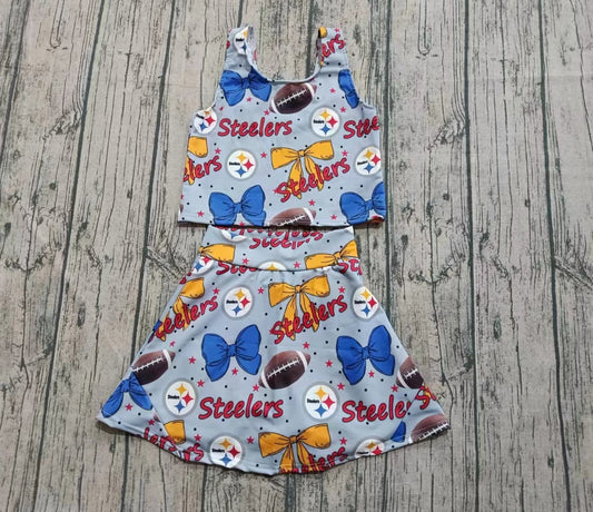 (Custom Design Preorder MOQ 5) Team's STEELERS Football Bows Print Shorts Skirts Girls Summer Yoga Clothes Set