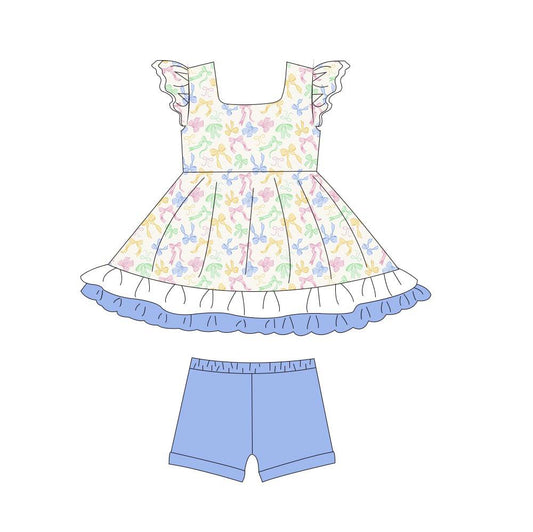(Custom Design Preorder MOQ 5) Colorful Bows Tunic Top Blue Shorts Girls Summer Clothes Set
