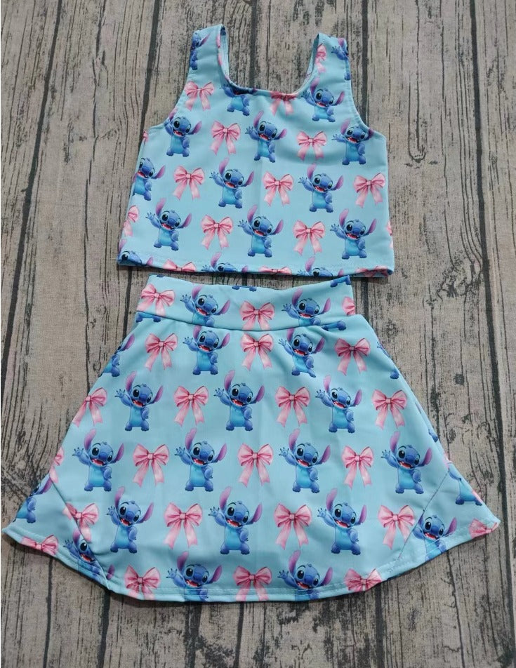 (Custom Design Preorder MOQ 5) Stitc* Bows Blue Print Shorts Skirts Girls Summer Yoga Clothes Set