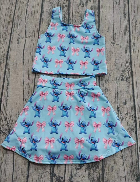 (Custom Design Preorder MOQ 5) Stitc* Bows Blue Print Shorts Skirts Girls Summer Yoga Clothes Set