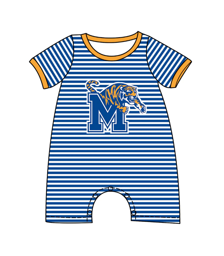 (Custom Design Preorder MOQ 5) Team's Memphis Tigers Stripes Print Baby Boys Summer Romper