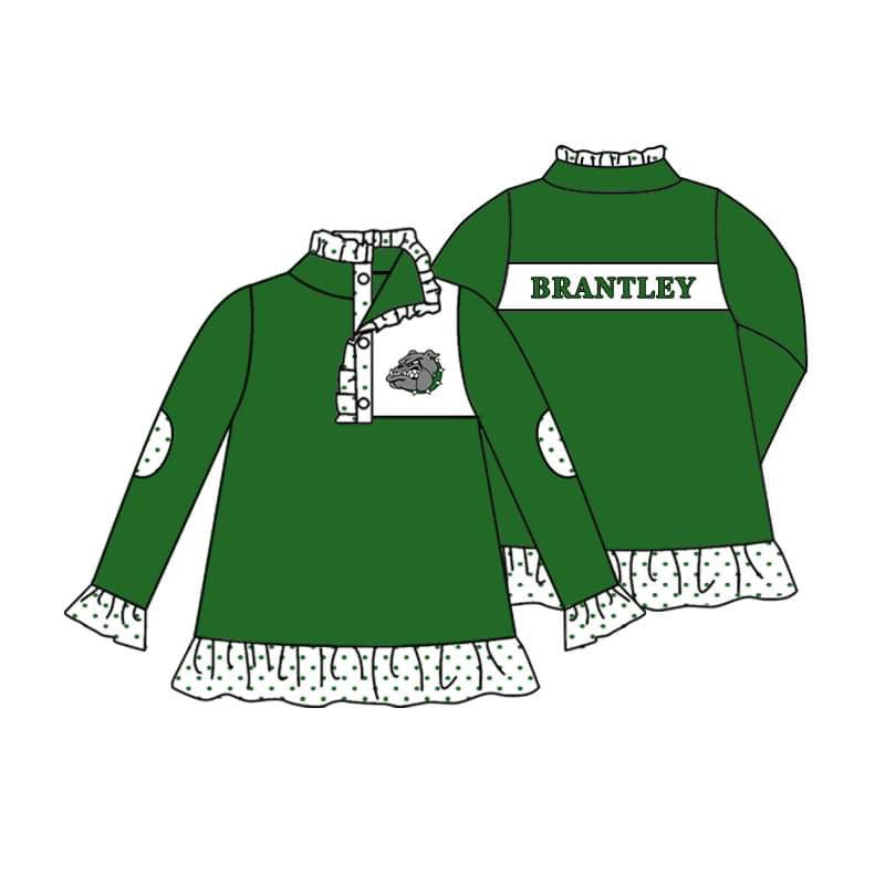 (Custom Design Preorder MOQ 5) BRANTLEY Green Print Girls Long Sleeve Pullover Buttons Tops