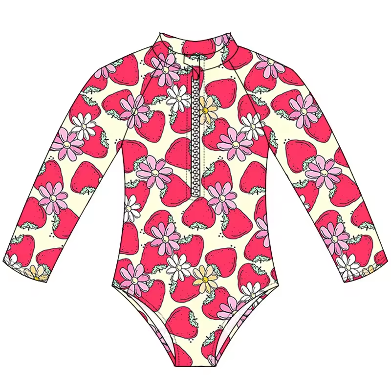 (Custom Design Preorder MOQ 5)  Flowers Strawberry Print Girls 1 Piece Long Sleeve Zipper Swimsuits